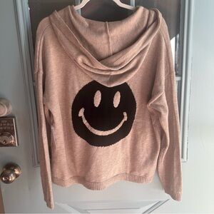 NWT Good Mood Smiley Fall Hoodie Pullover Drawstring Sweater Latte Tan & Black M